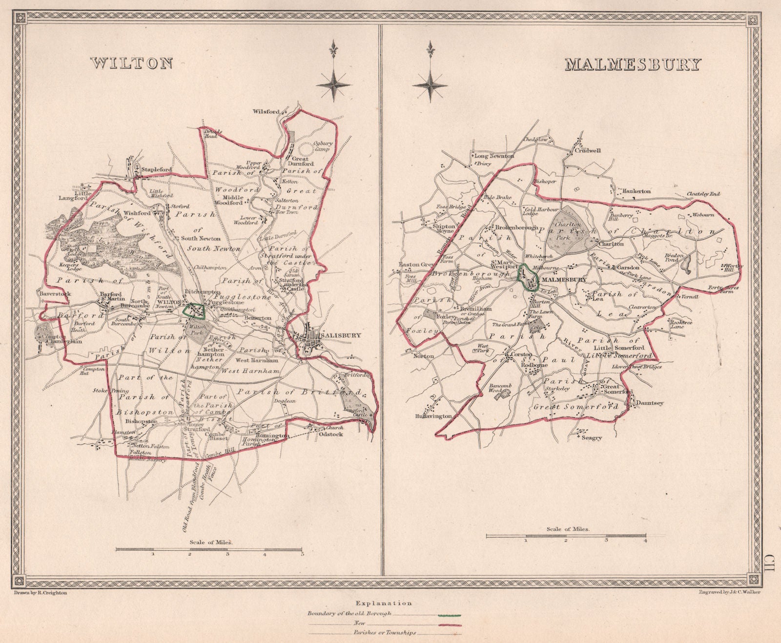 WILTSHIRE TOWNS. Wilton Malmesbury borough plans. CREIGHTON/WALKER 1835 map